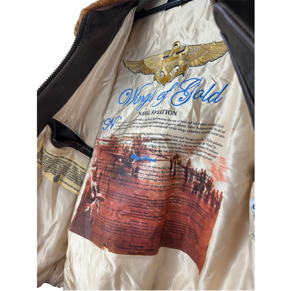 Schott Wings of Gold Brown Leather Bomber Naval Flight Aviation Jacket Men's L - Picture 4 of 16